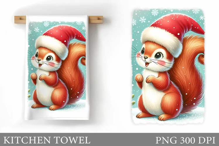 Cute Squirrel Kitchen Towel. Christmas Kitchen Towel Design