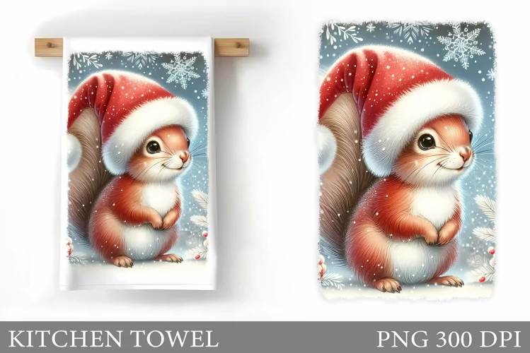Cute Squirrel Kitchen Towel. Christmas Kitchen Towel Design