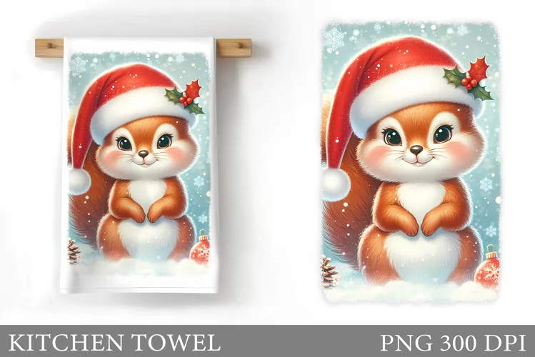 Cute Squirrel Kitchen Towel. Christmas Kitchen Towel Design