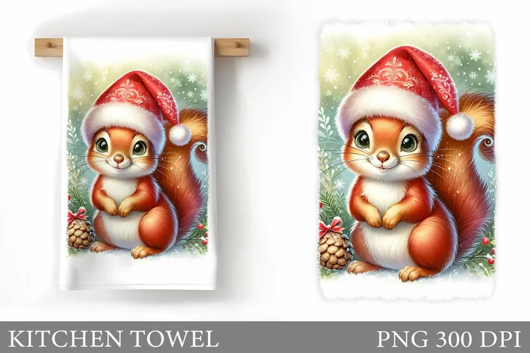 Cute Squirrel Kitchen Towel. Christmas Kitchen Towel Design