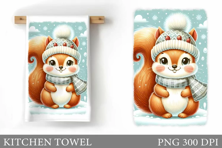 Cute Squirrel Kitchen Towel. Christmas Kitchen Towel Design