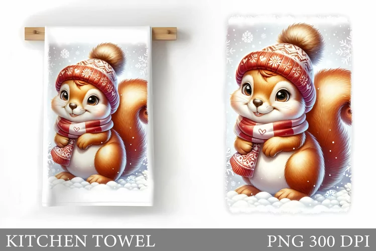 Cute Squirrel Kitchen Towel. Christmas Kitchen Towel Design