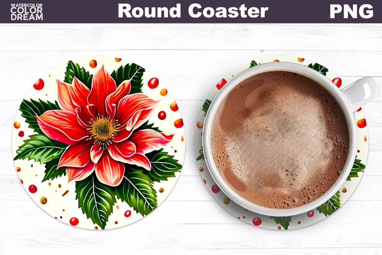 Christmas Floral Coaster PNG |Poinsettia Coaster Sublimation
