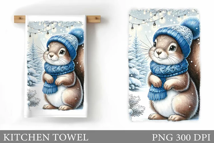 Cute Squirrel Kitchen Towel. Christmas Kitchen Towel Design