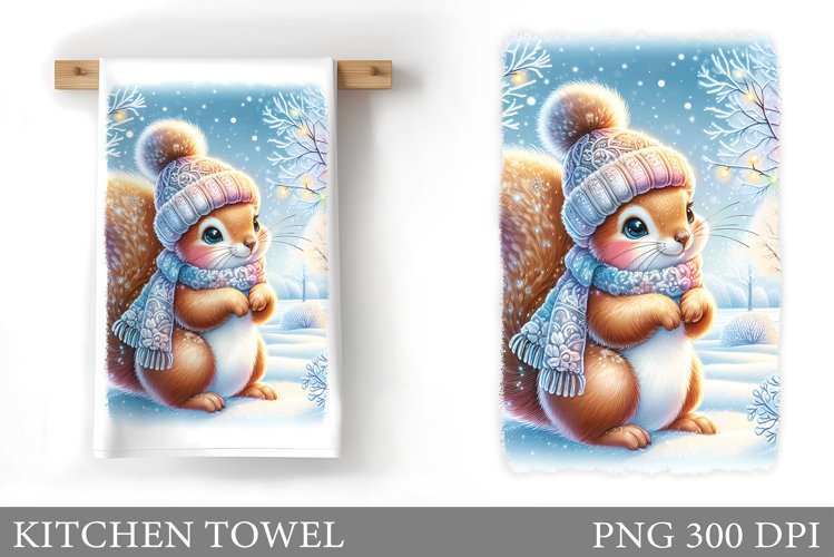 Cute Squirrel Kitchen Towel. Christmas Kitchen Towel Design example image 1