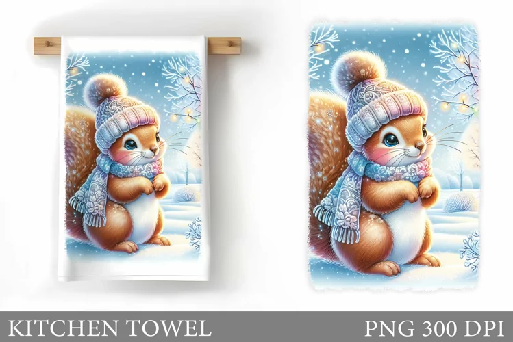 Cute Squirrel Kitchen Towel. Christmas Kitchen Towel Design