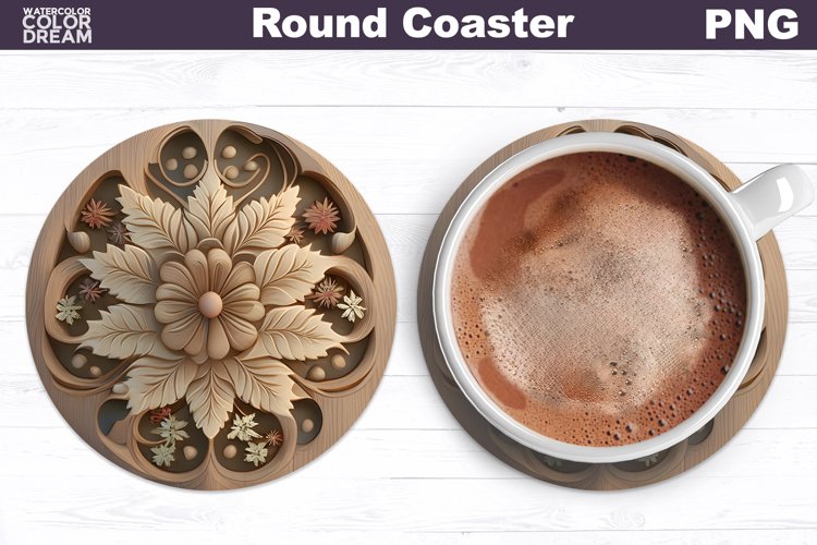 Coaster Christmas Wooden Carving | Round Coaster Flower example image 1