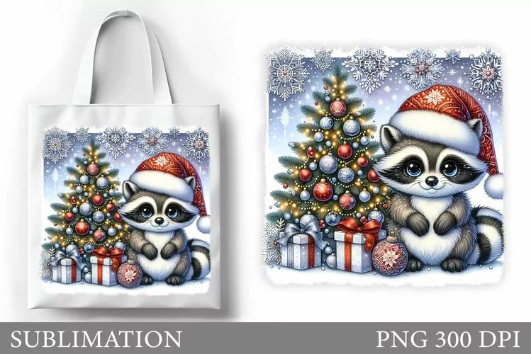 Christmas Raccoon Tote Bag. Christmas Tote Bag Sublimation