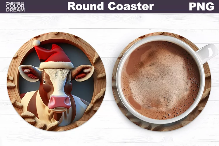 Christmas Cow Round Coaster | Coaster 3D Cow Sublimation