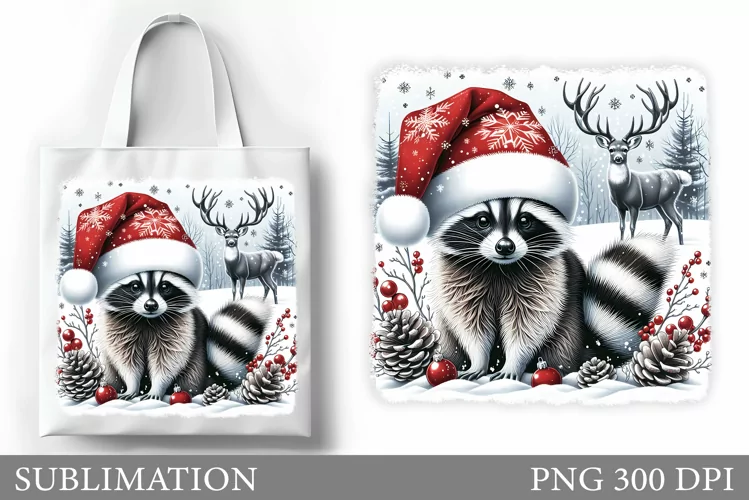 Christmas Raccoon Tote Bag. Christmas Tote Bag Sublimation
