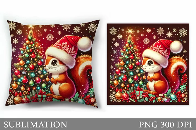 Cute Squirrel Pillow Design. Christmas Pillow Sublimation