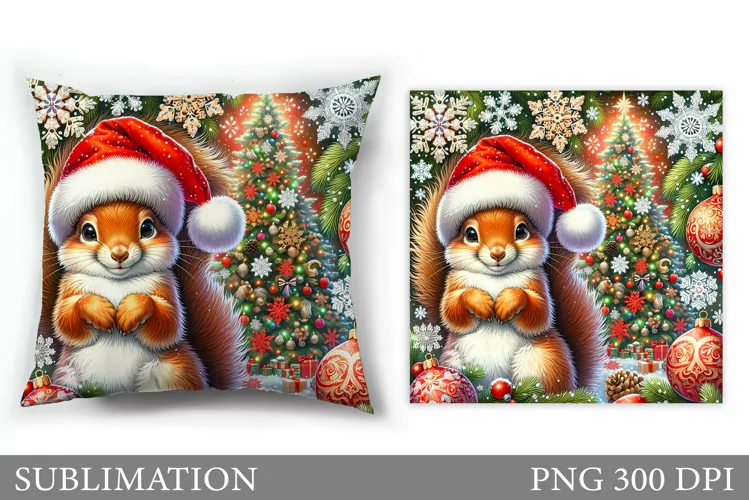 Cute Squirrel Pillow Design. Christmas Pillow Sublimation