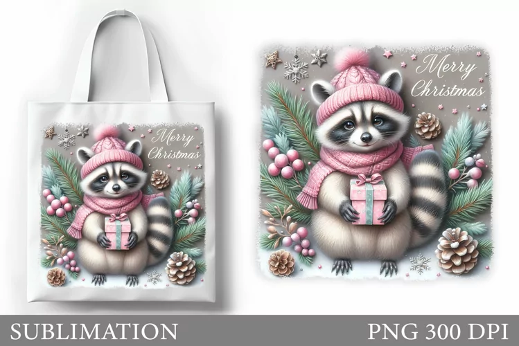 Christmas Raccoon Tote Bag. Christmas Tote Bag Sublimation
