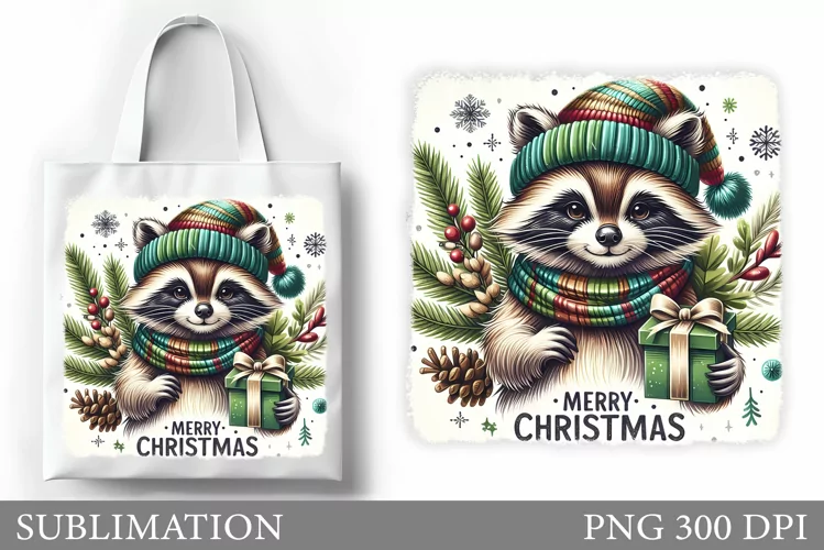 Christmas Raccoon Tote Bag. Christmas Tote Bag Sublimation
