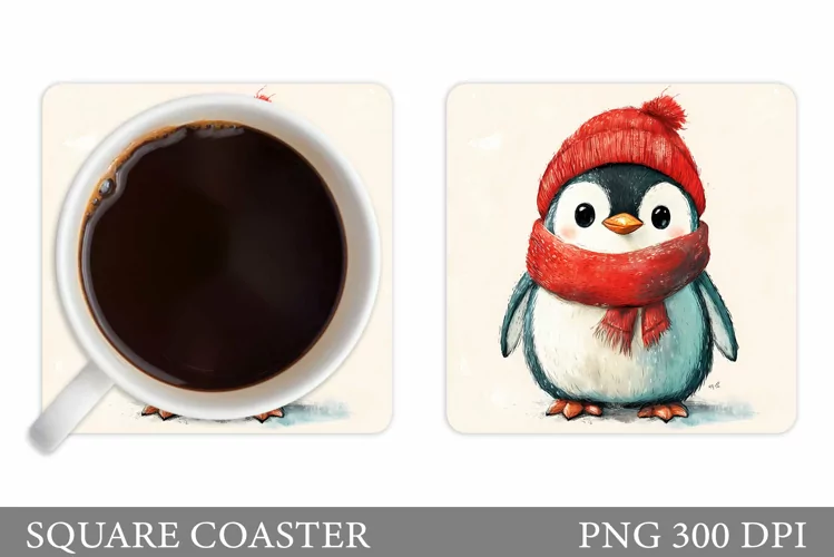 Cute Penguin Coaster Sublimation. Christmas Coaster Design
