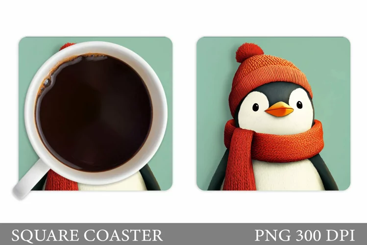 Cute Penguin Coaster Sublimation. Christmas Coaster Design