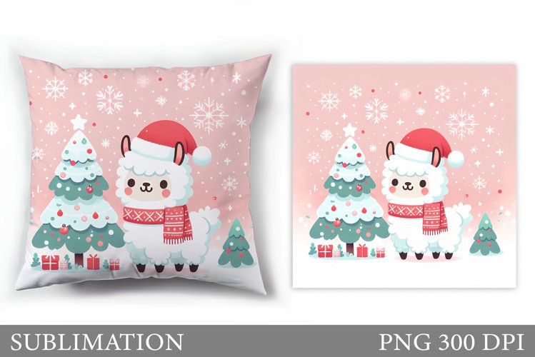 Cute Lama Pillow Design. Christmas Pillow Sublimation example image 1