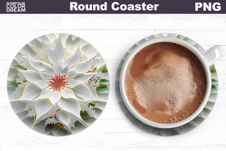 Christmas White Flower Coaster PNG |Poinsettia Round Coaster