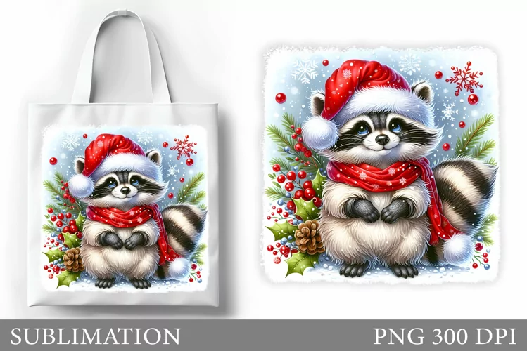 Christmas Raccoon Tote Bag. Christmas Tote Bag Sublimation