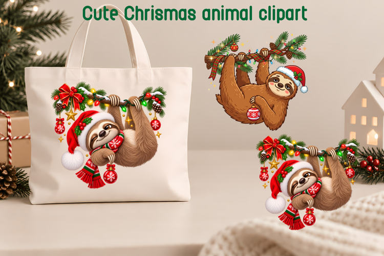 Cute Christmas Sloth Clipart PNG | Christmas animal