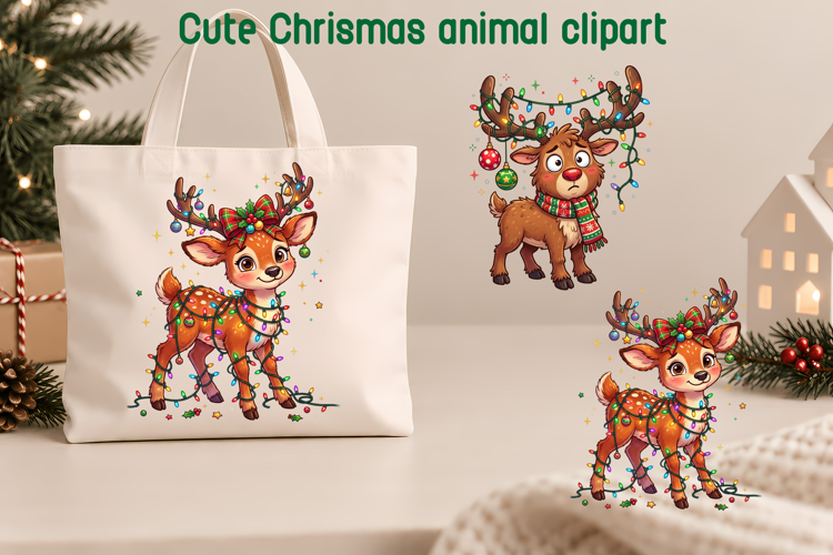 Cute Christmas Deer Lights Clipart PNG