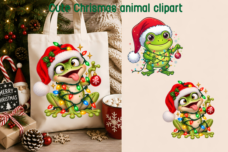Funny Christmas Frog Lights Clipart PNG