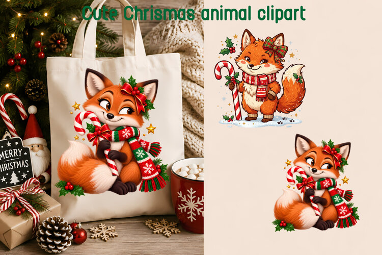 Cute Christmas Fox Candy Cane Clipart PNG | Christmas animal example image 1