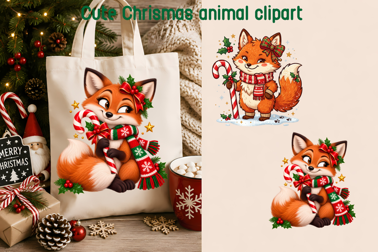 Cute Christmas Fox Candy Cane Clipart PNG | Christmas animal