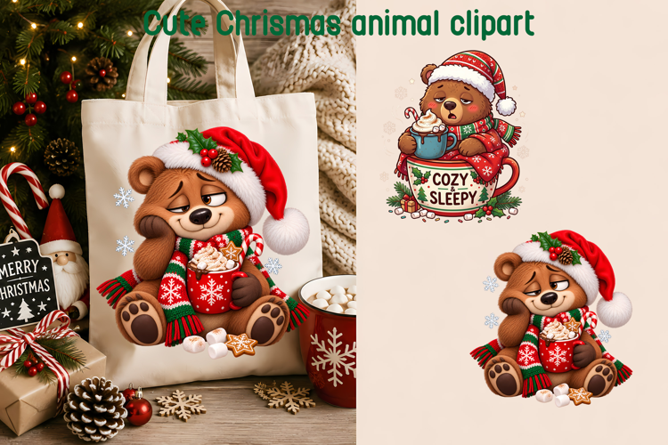 Cozy Christmas Bear Hot Cocoa Clipart PNG