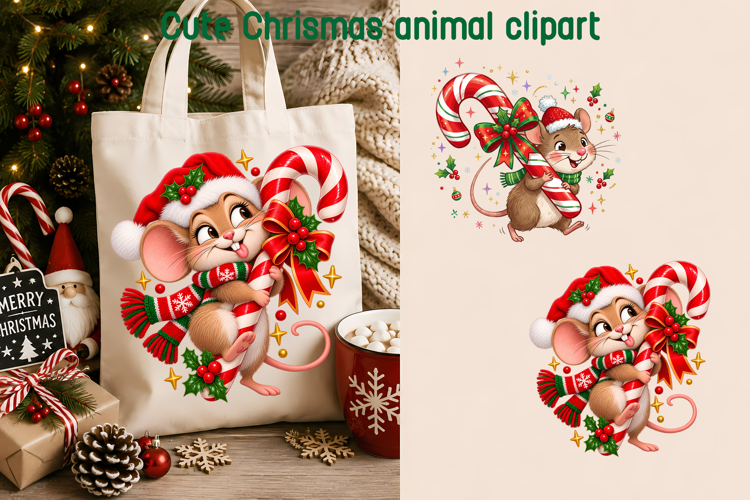 Cute Christmas Mouse Candy Cane Clipart PNG