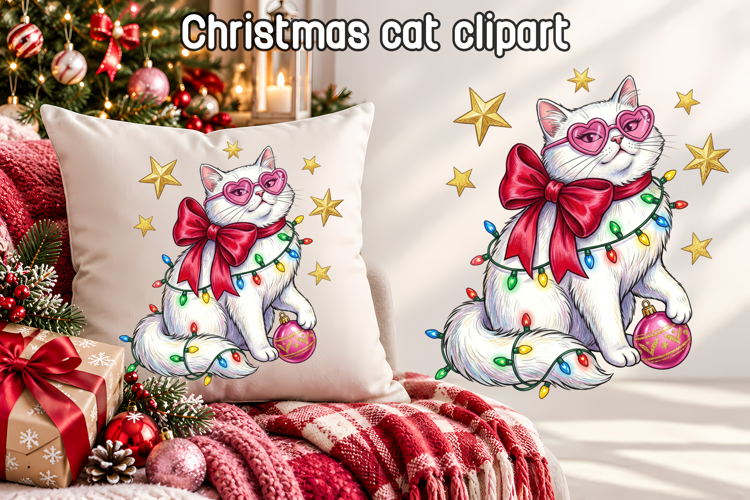 Pink Bow Christmas Cat Clipart | Christmas Sublimation