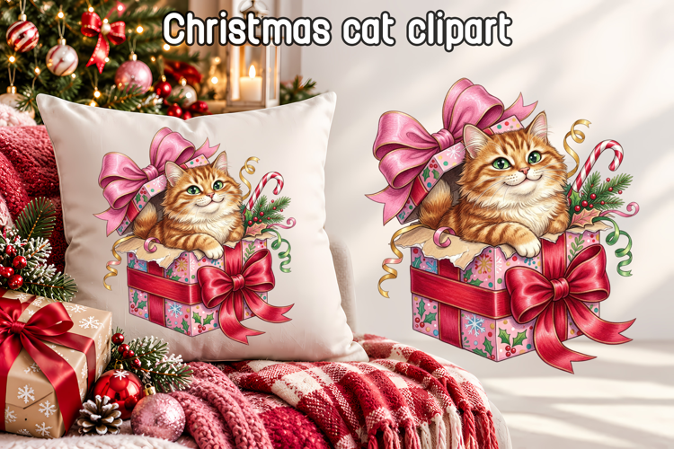 Christmas Cat in Gift Box Clipart | Christmas Sublimation