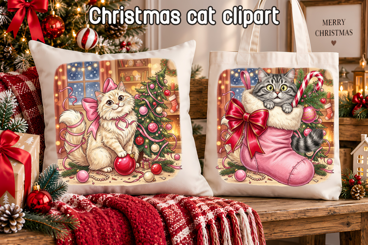 Cute Christmas Cat Clipart | Funny Christmas PNG