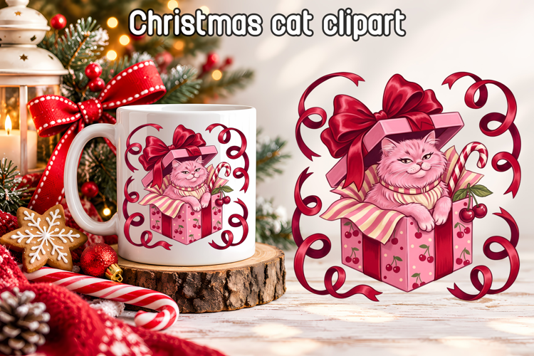 Pink Christmas Cat Clipart | Christmas Sublimation
