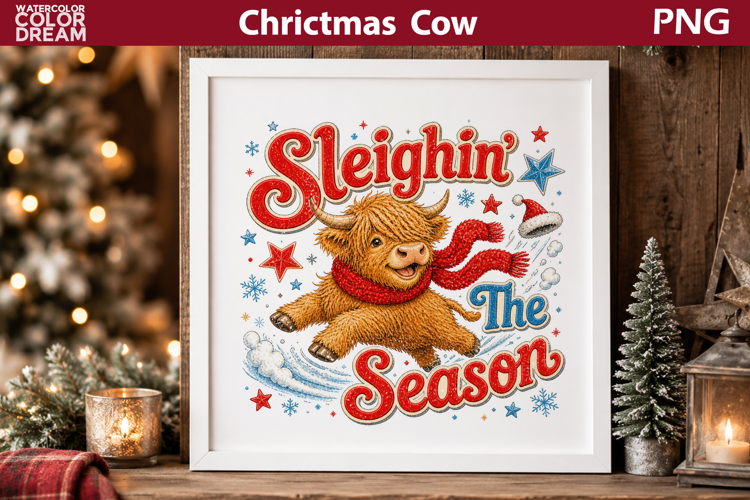 Sleighin The Season Quote | Christmas Highland Cow Print