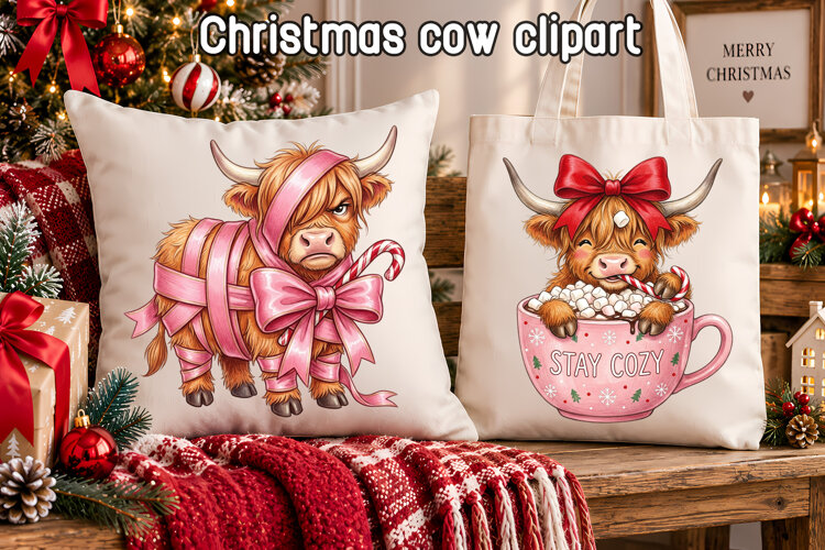 Cute Christmas Highland Cow Clipart PNG example image 1