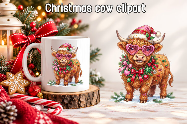 Pink Christmas Highland Cow Clipart PNG example image 1