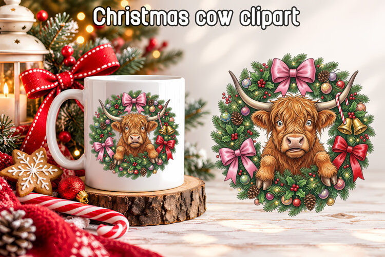 Christmas Highland Cow Wreath Clipart PNG example image 1