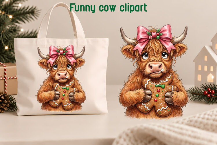 Funny Christmas Highland Cow Clipart PNG example image 1
