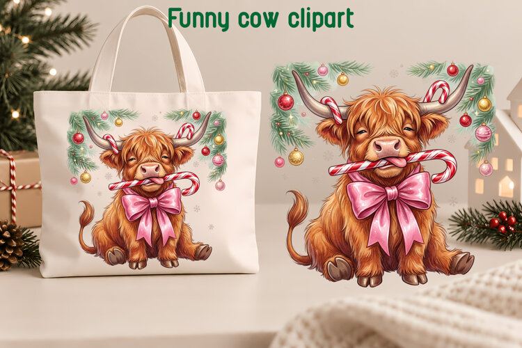 Funny Candy Cane Highland Cow Clipart PNG example image 1