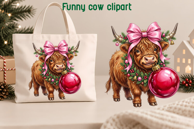 Pink Bow Christmas Highland Cow Clipart PNG example image 1