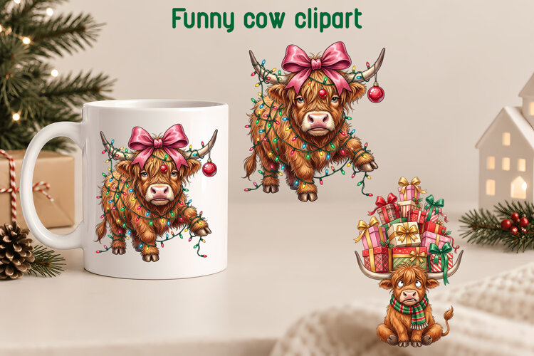 Funny Christmas Highland Cow Clipart PNG example image 1
