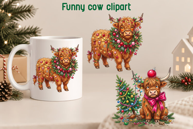 Funny Christmas Highland Cow Sublimation example image 1
