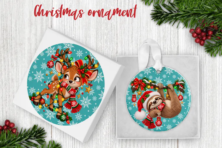 Cute Christmas Deer Sloth Ornament PNG