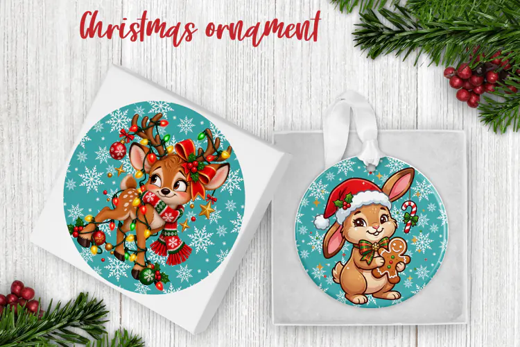 Cute Christmas Deer Bunny Ornament PNG