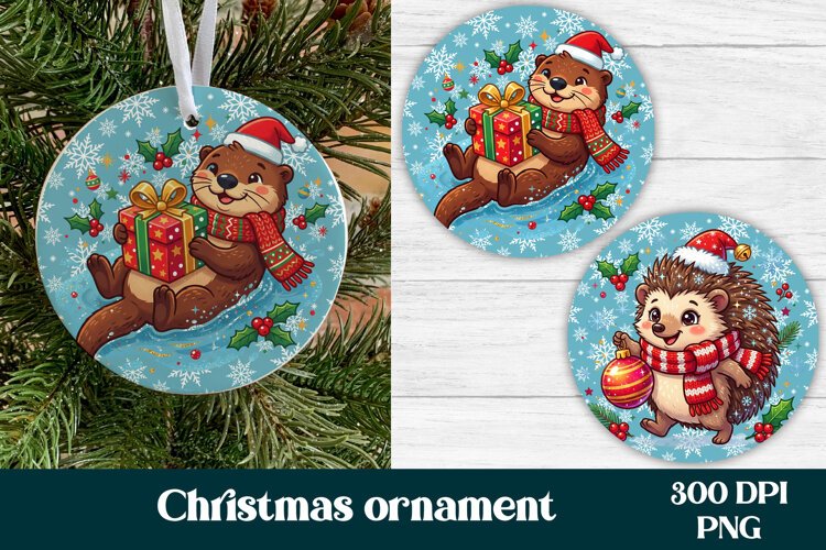 Cute Otter Hedgehog Christmas Ornament PNG example image 1