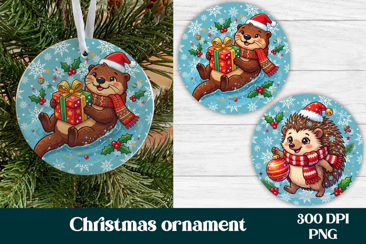 Cute Otter Hedgehog Christmas Ornament PNG