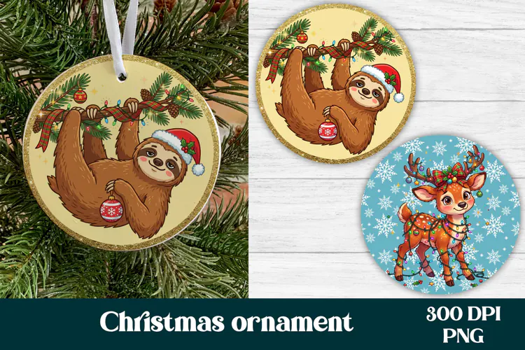 Christmas Sloth and Reindeer Ornament PNG