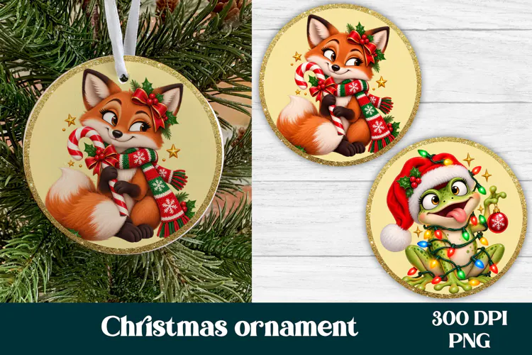 Christmas Fox and Frog Ornament PNG