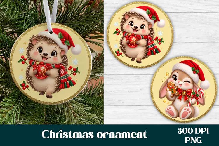 Christmas Hedgehog and Bunny Ornament PNG